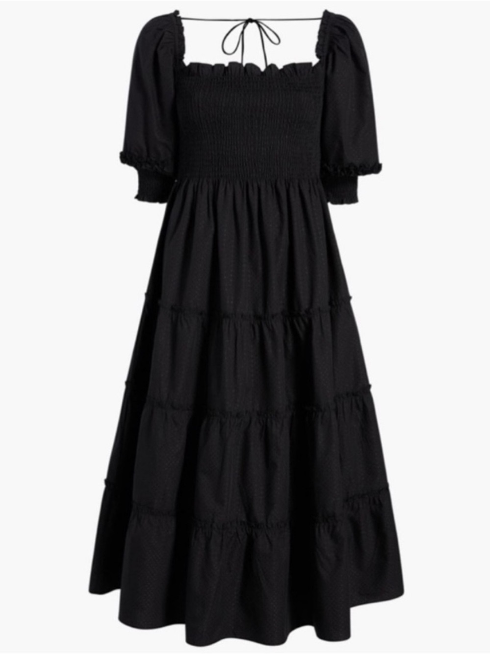 Hill House Home Nesli Nap Dress Black Smocked Tiered Midi Puff Sleeve Small
